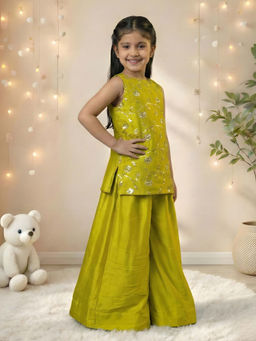 JILMIL - Girls Green Embroidered Art Silk Ethnic Top & Palazzo