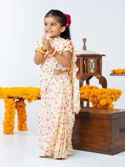 JILMIL - Girls Off White Floral Printed Ready To Wear Cotton Saree with Blouse