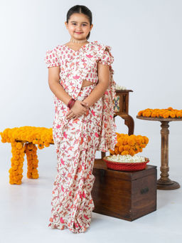 JILMIL - Girls White Floral Printed Ready To Wear Cotton Saree with Blouse