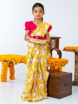 JILMIL - Girls Yellow and Pink Floral Printed Ready To Wear Cotton Saree with Blouse