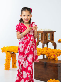 JILMIL - Girls Red Floral Printed Ready To Wear Cotton Saree with Blouse