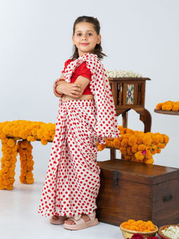 JILMIL - Girls White Polka Dot Printed Ready To Wear Cotton Saree with Blouse
