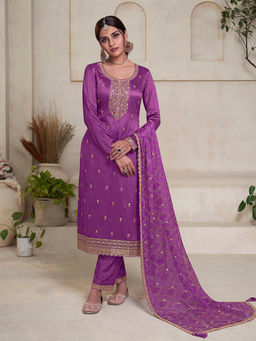 Seerat - Purple Embroidery Straight Kurta with Pant & Dupatta (Set of 3)
