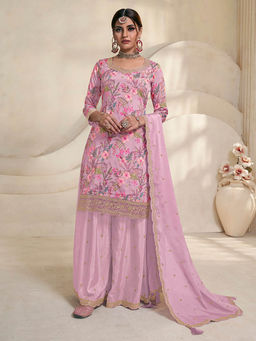 Seerat - Pink Floral Printed Embroidered Kurta with Palazzo & Dupatta (Set of 3)