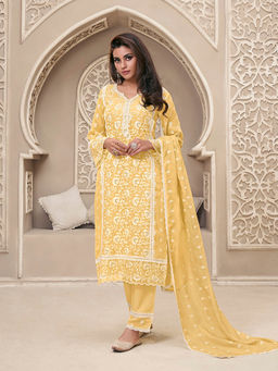 Seerat - Yellow Schiffli Embroidered Kurta with Pant & Dupatta (Set of 3)