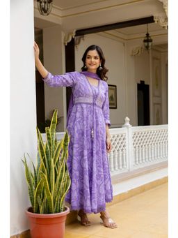 EthniFlair - Women Cotton Faux Jacket Embellished A-line Kurta With Pant & Dupatta - Purple