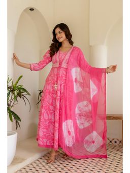 EthniFlair - Women Cotton Faux Jacket Embellished A-line Kurta With Pant & Dupatta - Pink