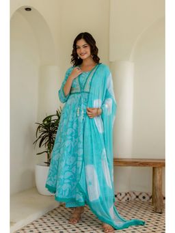 EthniFlair - Women Cotton Faux Jacket Embellished A-line Kurta With Pant & Dupatta - Blue
