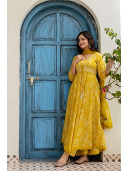 EthniFlair - Women Cotton Faux Jacket Embellished A-line Kurta With Pant & Dupatta - Yellow
