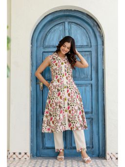 EthniFlair - Women Printed Floral Straight Kurta & Pant - White