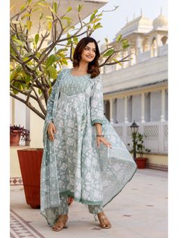 EthniFlair - Women Cotton Panelled Anarkali Kurta With Pant & Dupatta - Green