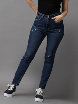 SHOWOFFFF - Womens High-rise Blue Mildly Distressed Jeans