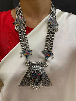 Digital Dress Room - Banjara Oxidized Silver Long Enamel Ghungroo Jewellery Set