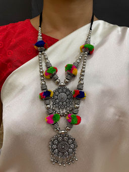 Digital Dress Room - Banjara Oxidized Silver Pom Pom and Floral Layered Jewellery Set