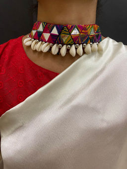 Digital Dress Room - Banjara Choker and Earring Mirror Work and Sea Shell Necklace Set Jewellery Set