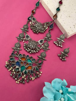 Digital Dress Room - Banjara Oxidized Jewellery Set Multi Enamel Floral 3 Layer Design for Women