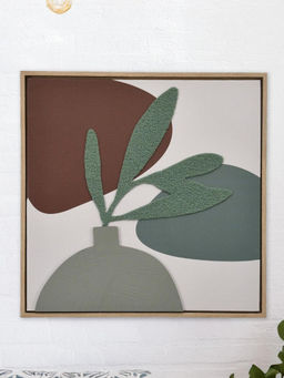 At Home by Nilkamal - Decorative Tufted Flower Pot Canvas Wall Painting (Green & Brown)