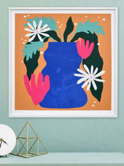 At Home by Nilkamal - Abstract Flower Pot Canvas Wall Painting (Blue & Brown)