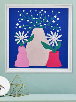 At Home by Nilkamal - Decorative Three Flower Pot Canvas Wall Painting (Blue & Pink)