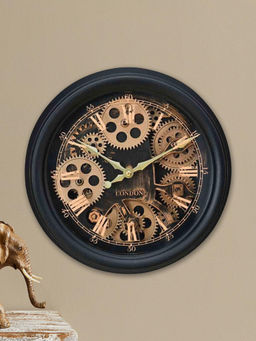 At Home by Nilkamal - Vintage Look Gear Analog Wall Clock (Black & Gold)