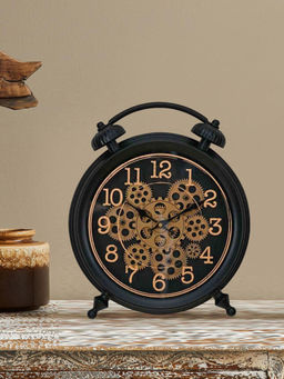 At Home by Nilkamal - Vintage Look Gear Analog Table Clock (Black & Gold)