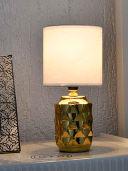 At Home by Nilkamal - Fabric Shade 3D Square Ceramic Base Table Lamp (Gold)