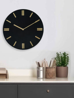 At Home by Nilkamal - Sleek Wooden Analog Wall Clock (Black & Gold)