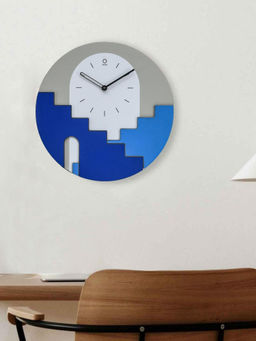 At Home by Nilkamal - Santorini Round Wooden Analog Wall Clock (Blue)