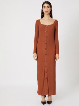 Deme - Rust Long Button Down Ribbed Dress