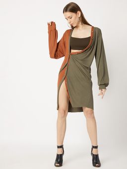 Deme - Multi-Color Half And Half Ribbed Button Down Shirt Dress