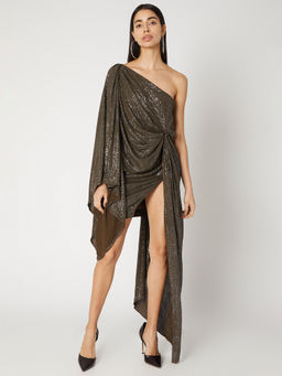 Deme - Olive Sequin One Shoulder Drape Dress