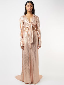 Deme - Beige Sequined Cutout Skirt And Tieup Shirt (set Of 2)