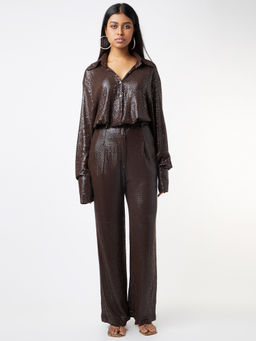 Deme - Chocolate Brown Sequins Shirt And Pants Shirt (set Of 2)