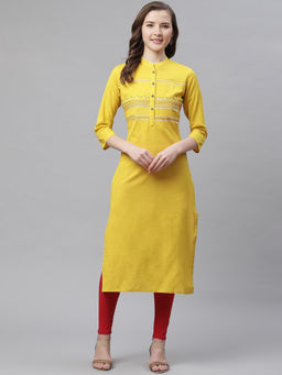 Divena - Mustard Embroidered Cotton Straight Kurta