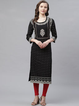 Divena - Black Floral Rayon Straight Kurti