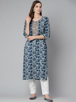 Divena - Blue Floral Cotton Straight Kurta