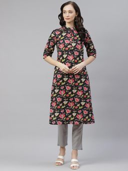 Divena - Black Floral Cotton Straight Kurta