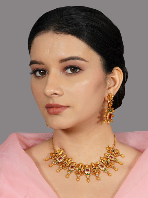 Designbox Gold Tone Necklace with Red- Green Kemp Stones & Polki Stones