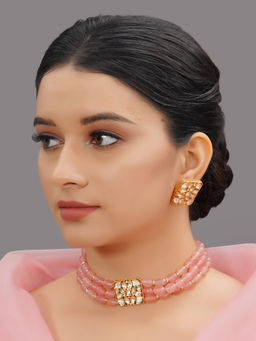 Designbox - Pink Beaded Choker Necklace with Kundan Pendant and Earrings