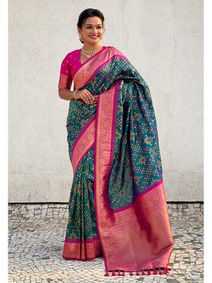 ELITE WEAVES Green Silk Zari Woven Premium Patola Contrast Weaves Saree with Unstitched Blouse