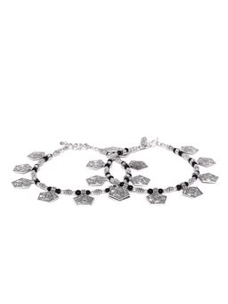Priyaasi - Oxidized Silver Black Beaded Anklet
