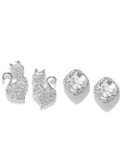 PRITA - Silver American Diamond Formal Stud Earrings (Set of 2)
