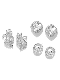 PRITA - Silver Plated American Diamond Alloy Stud Earrings (Set of 3)
