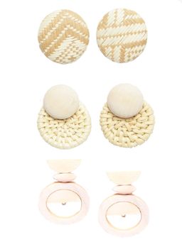 PRITA - Beige Wooden Stud Earrings (Set of 3)