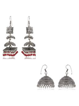PRITA - Oxidised Silver Plated Dangle And Jhumka Earrings (Set of 2)
