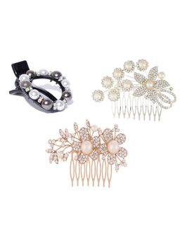 Priyaasi - Multi Color Floral Comb Pin And Clutch Hair Accessory (Pack of 3)