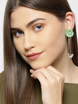 Priyaasi - Mint Green Floral Pattern Tasselled Drop Earrings