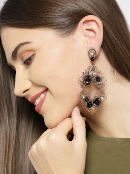 Priyaasi - Rose Gold Plated Stone Studded Drop Earrings