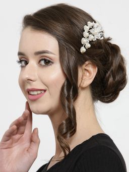 Priyaasi - Silver-Plated Pearls And Stones Studded Floral Inspired Comb Pin
