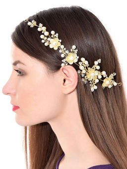 Priyaasi - Gold-Plated Stones And Pearls Studded Hair Clip In Floral Pattern With Pins